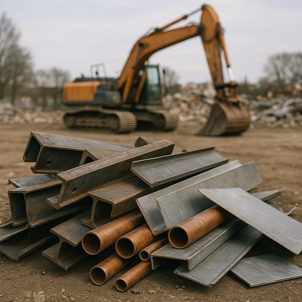 Scrap Metal on Demolition Site Close-up of various scrap metal pieces including steel beams, copper pipes, and aluminum sheets on a demolition site with an excavator in the background.