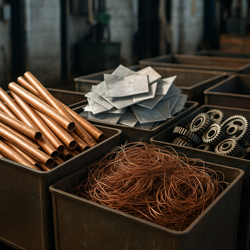 Piles of various scrap metals including copper pipes, aluminum sheets, wiring, and metal gears sorted in industrial bins at a recycling center.