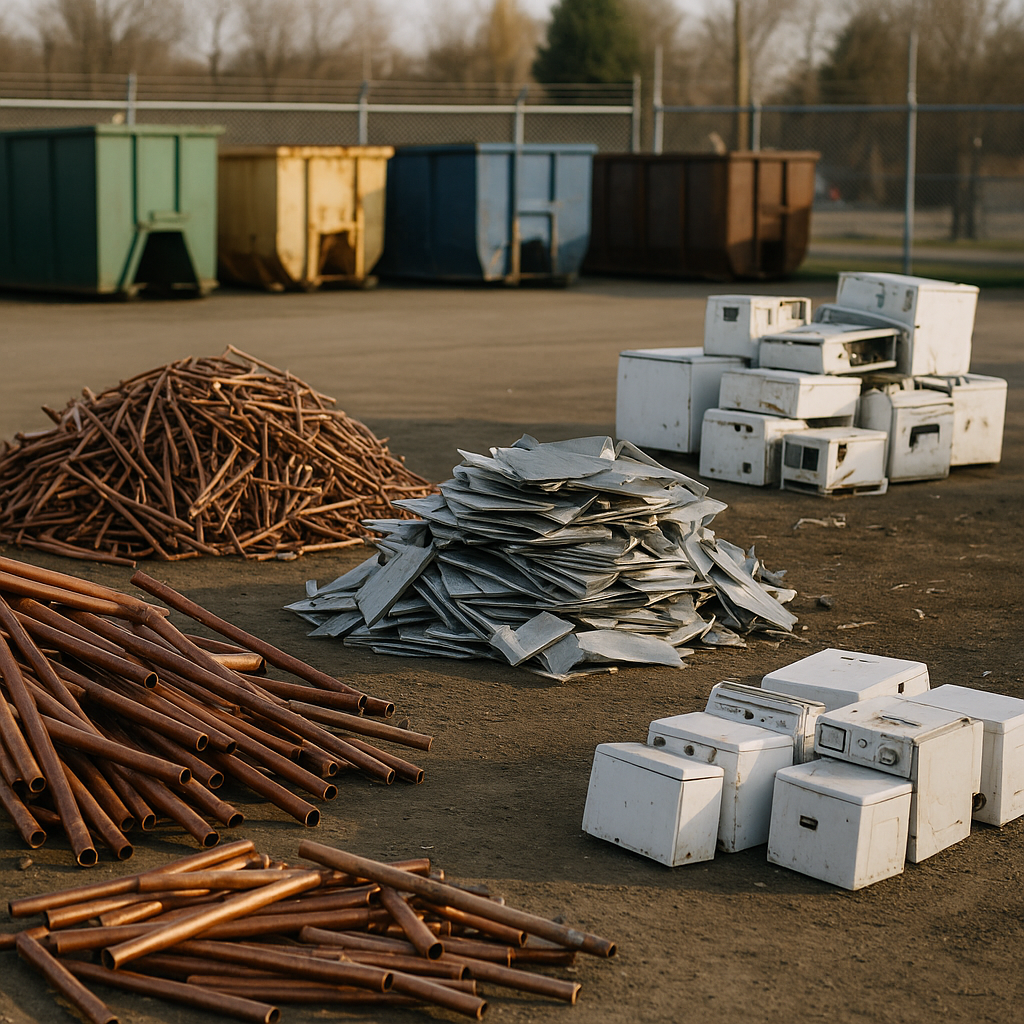 Sorted piles of scrap metals including copper pipes, aluminum sheets, and old appliances in a recycling yard