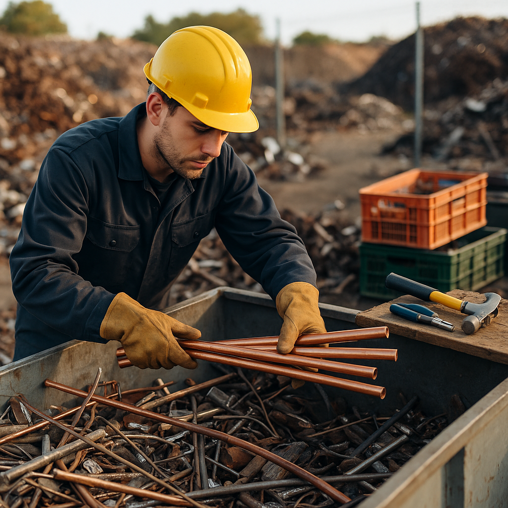 A scrapyard worker inspecting and separating clean copper pipes from mixed scrap metal in a daylight setting, surrounded by detailed tools and organized bins.