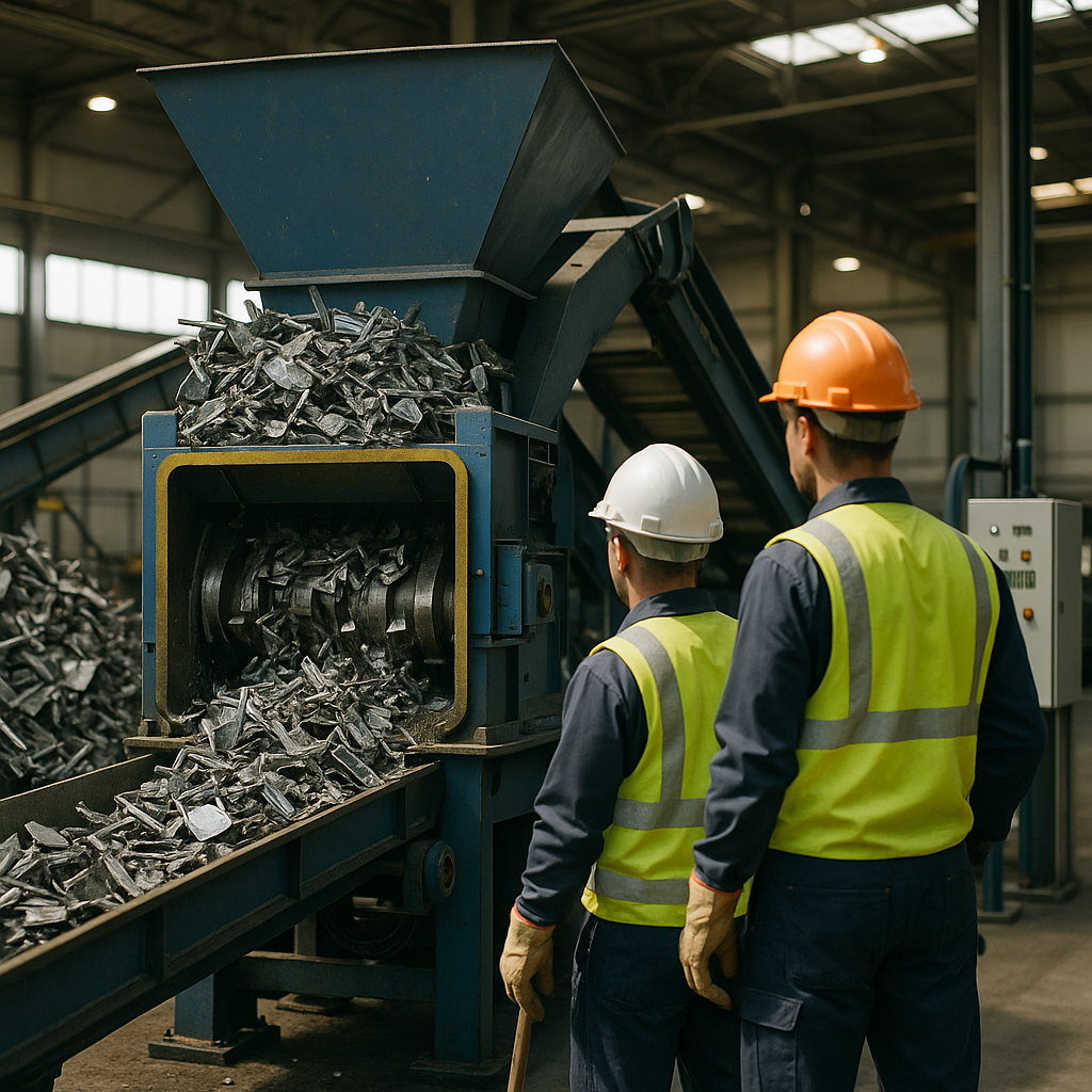 Large shredding machine processing piles of metal scrap in a recycling facility with workers supervising.