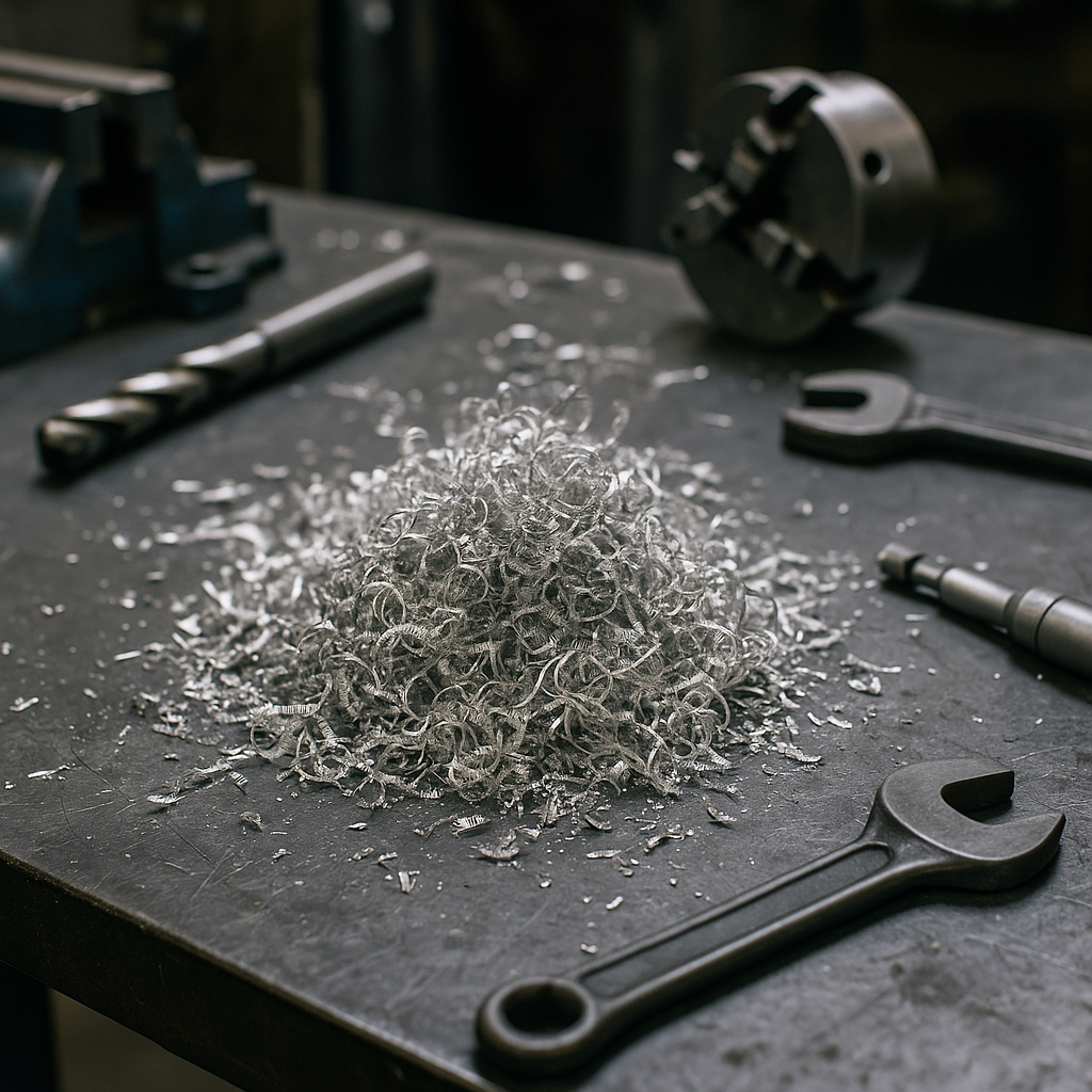 A pile of silver aluminum metal turnings and shavings on an industrial workbench under bright lighting, showcasing a realistic metalworking environment with machining tools.