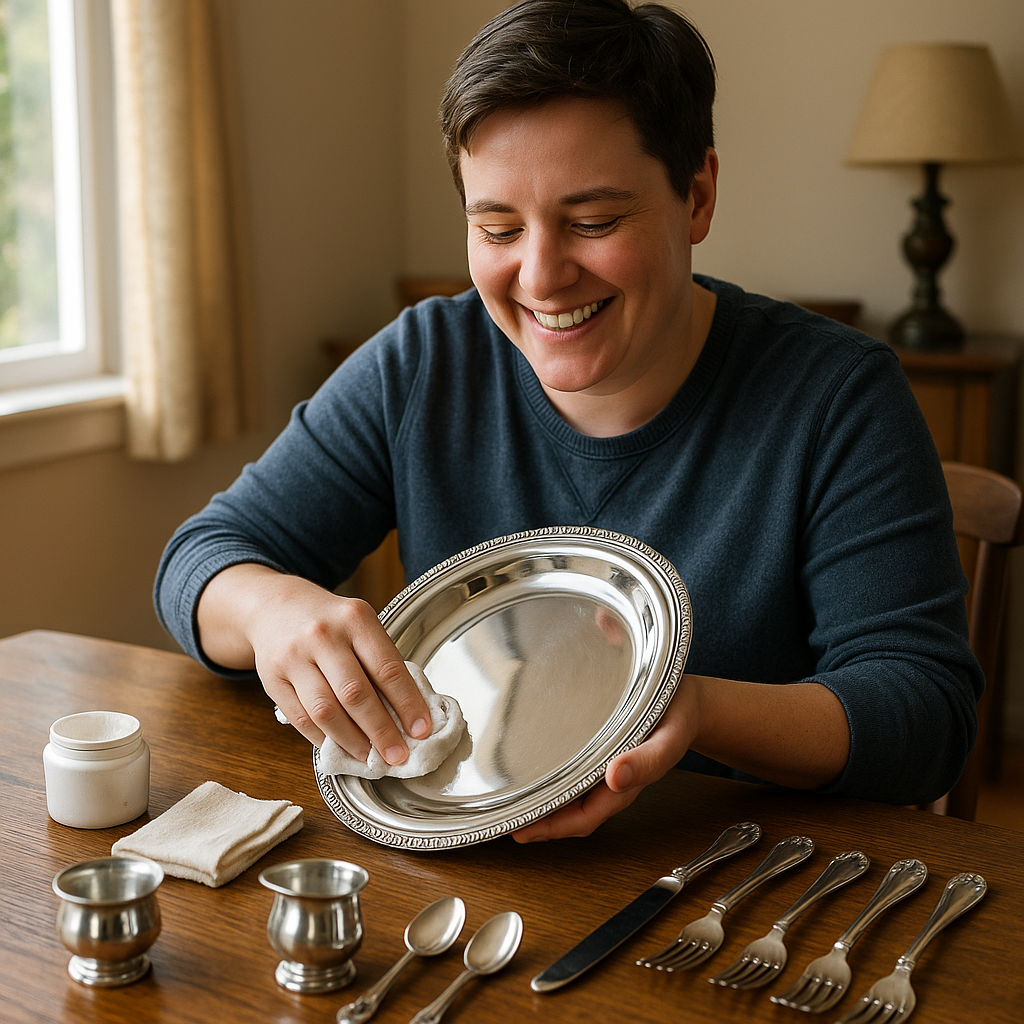 A smiling person cleaning and polishing a silver-plated serving platter at home with sunlight streaming in.