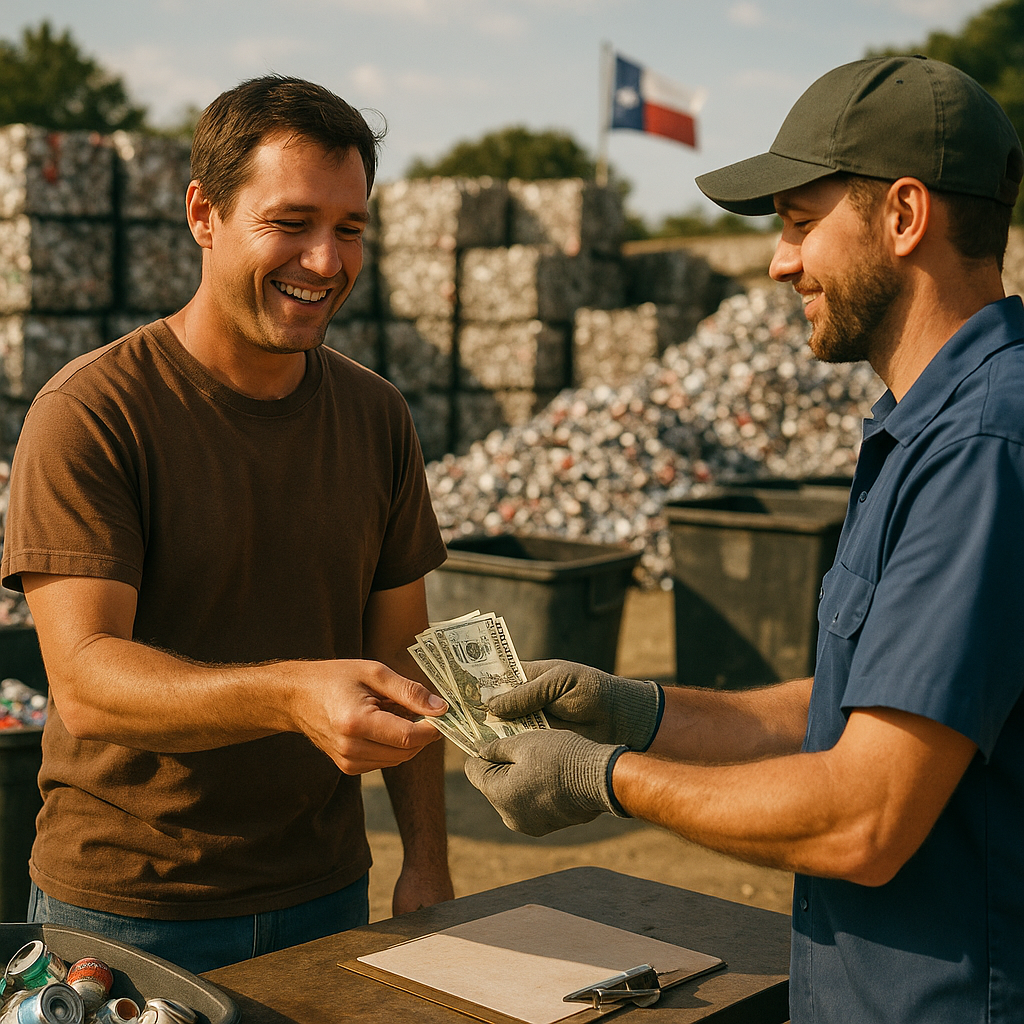 Smiling seller receiving cash payout from a recycling center employee with sorted aluminum in the background and a Texas flag subtly visible.