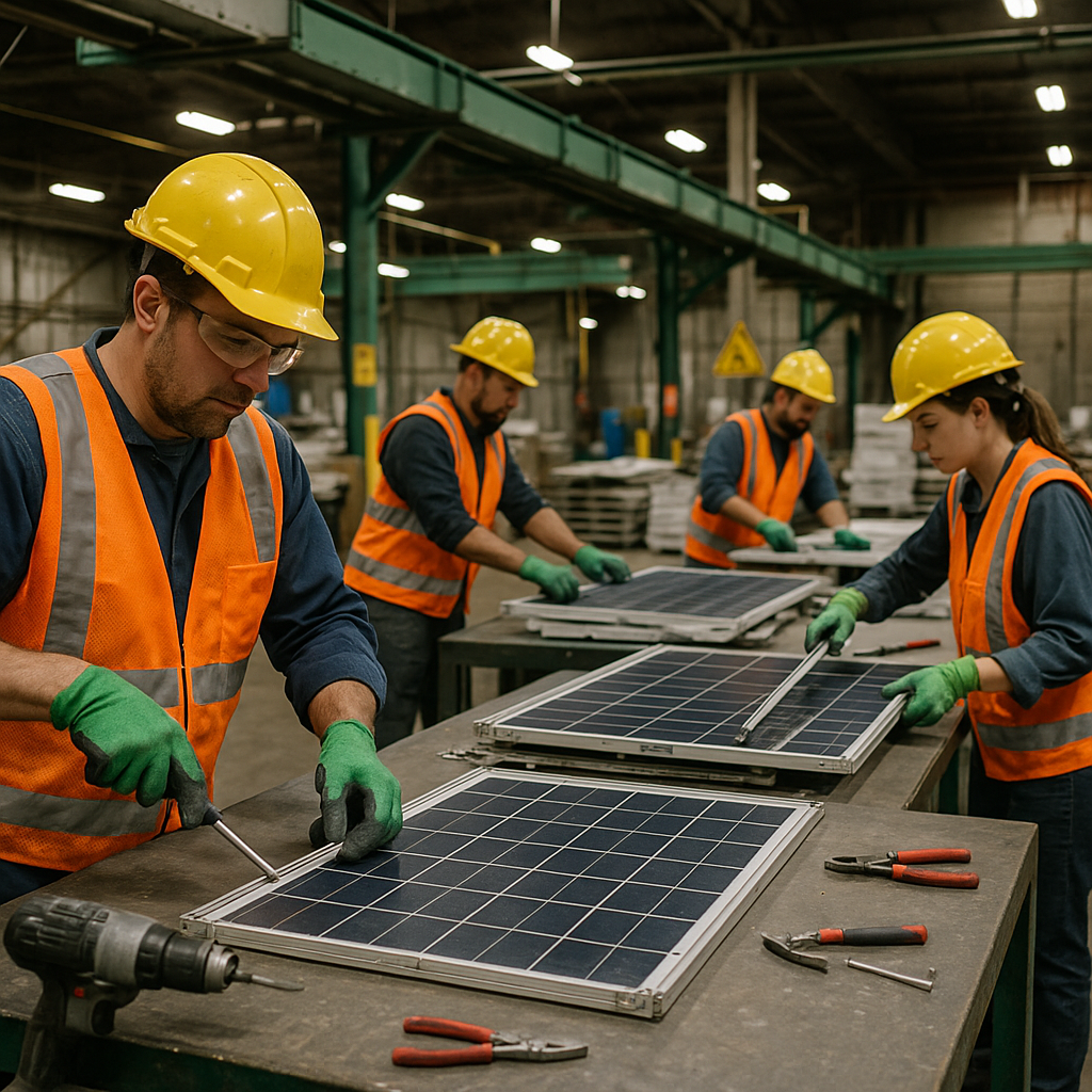 Recycling Solar Panels Workers at a recycling facility disassembling solar panels on sorting tables with tools and conveyor belts.
