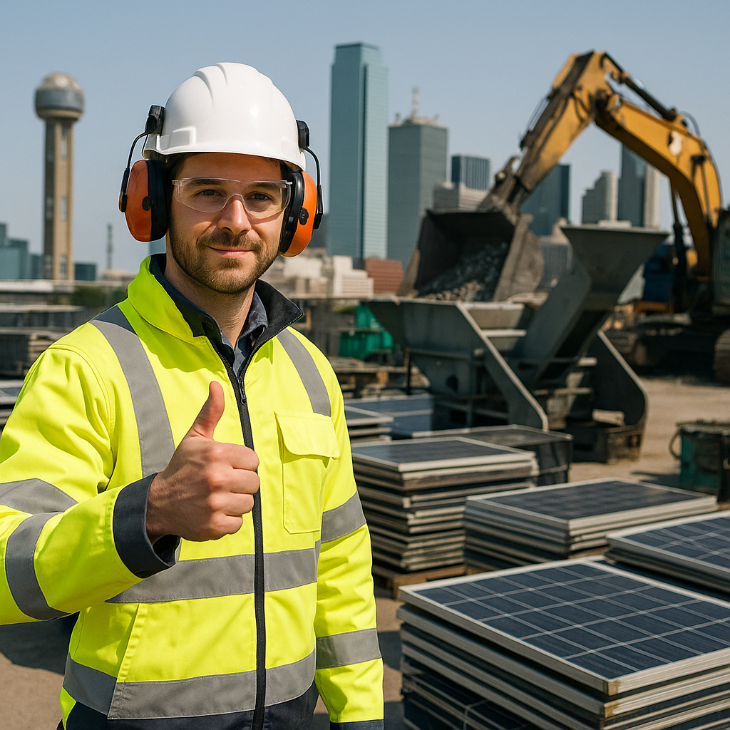 Solar Panels Recycling in Dallas A technician gives a thumbs up while recycling solar panels in a facility, with the Dallas city skyline in the background on a sunny day.
