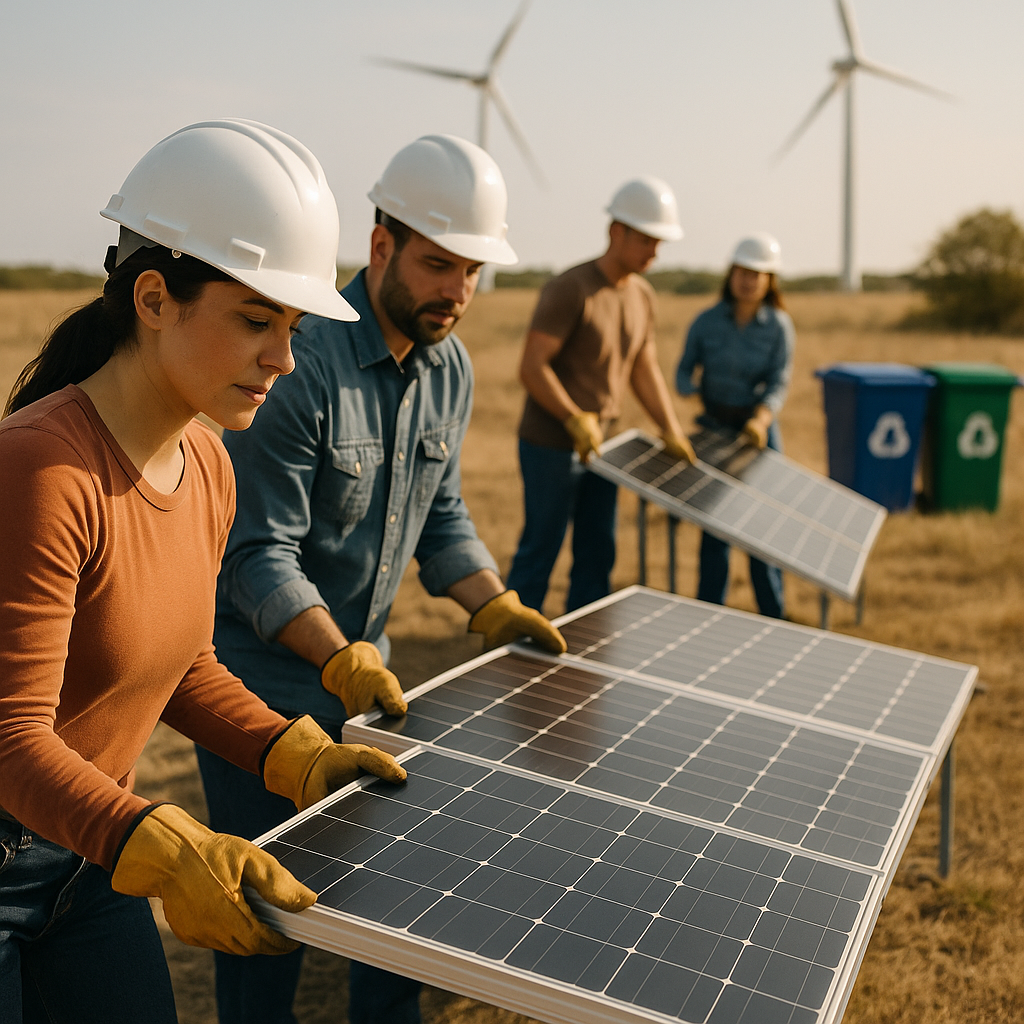 Group of people installing solar panels on a Texas landscape with wind turbines and recycling bins in the background, highlighting an eco-friendly future.