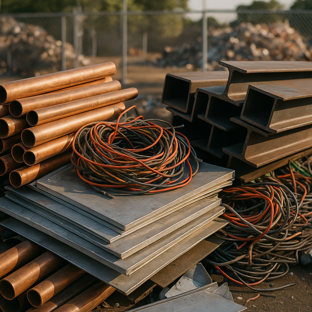 A pile of sorted industrial materials ready for recycling, including copper pipes, steel beams, aluminum sheets, and electrical wiring.