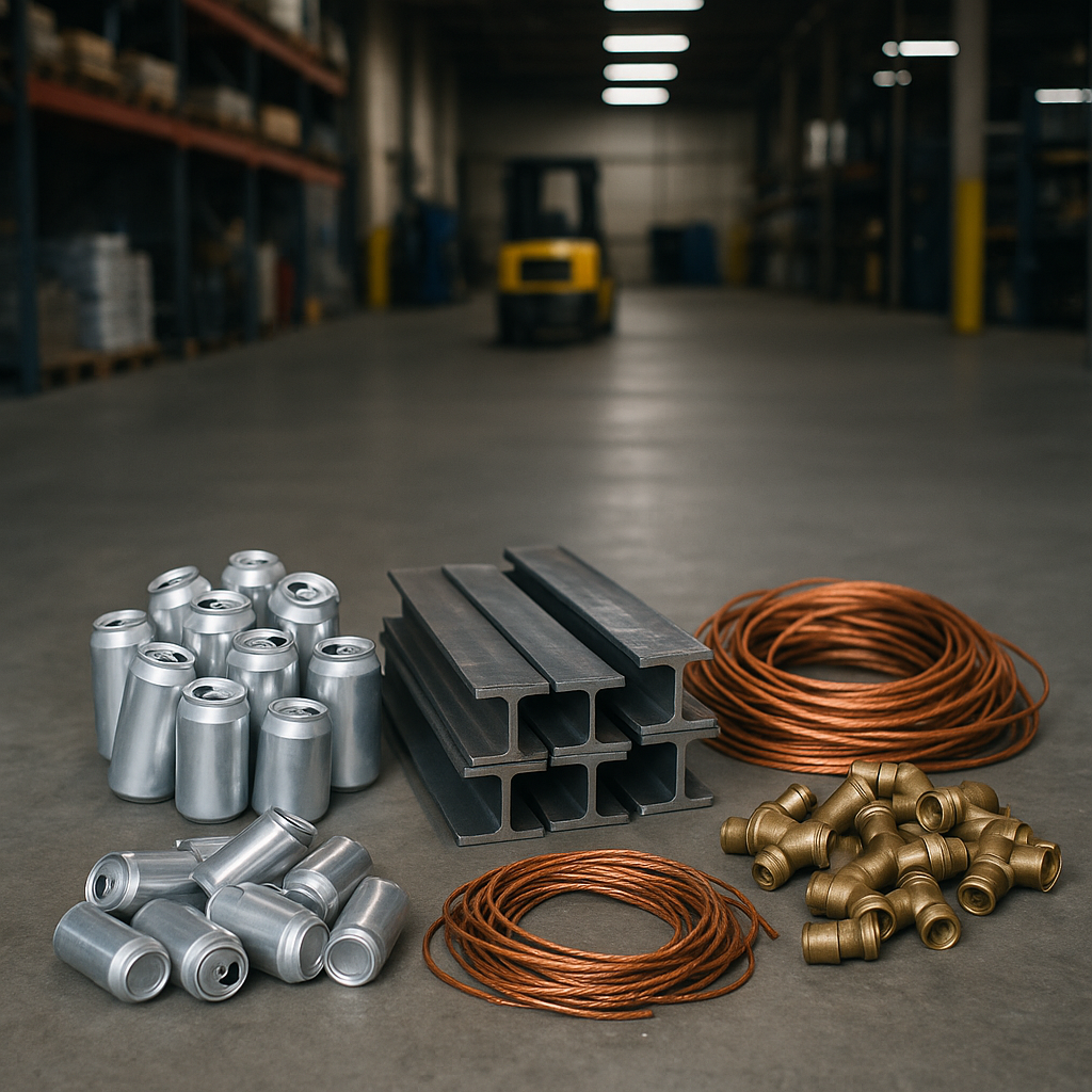 A variety of sorted metal items, including aluminum cans, steel beams, copper wires, and brass fittings, neatly arranged on a warehouse floor.