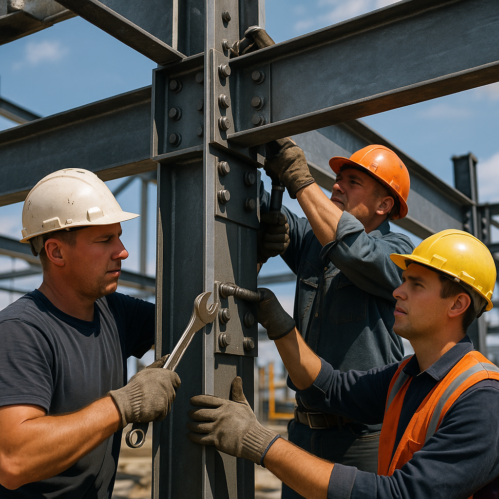 Steel Frame Construction Close-up of a strong steel frame being constructed by workers in hard hats under bright natural lighting.