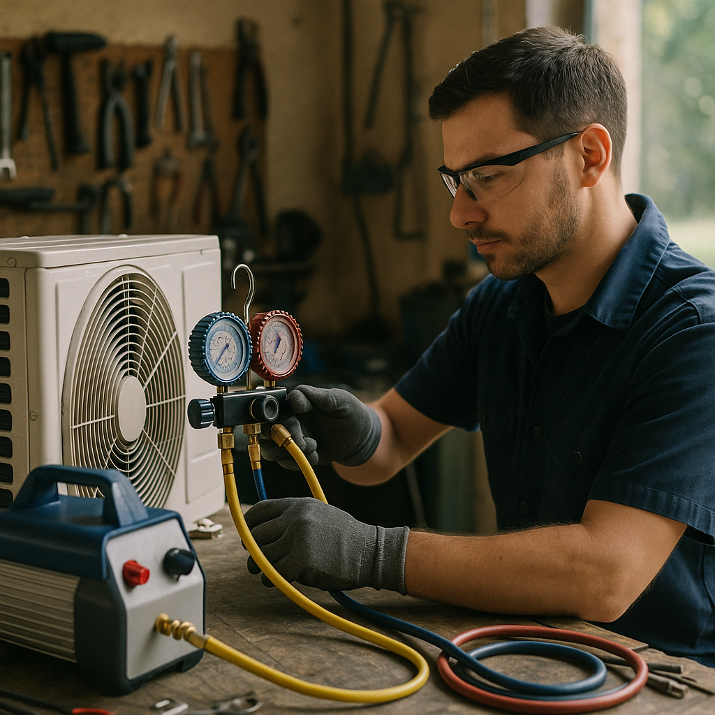 Technician in gloves extracting refrigerant from an air conditioning unit with recovery equipment.