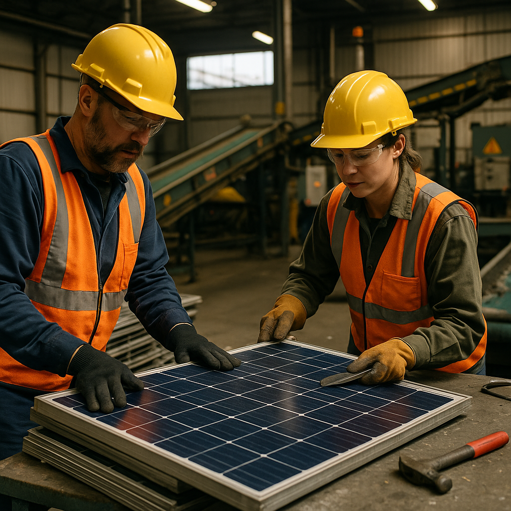 Technicians Disassembling Solar Panels at Recycling Facility Technicians in safety gear disassembling large solar panels at a recycling facility with conveyor belts and machinery in a realistic industrial setting.