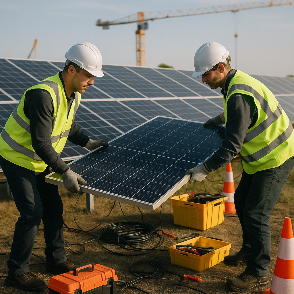 Technicians removing solar panels from mounting racks in an organized open field, with cranes and safety gear visible.