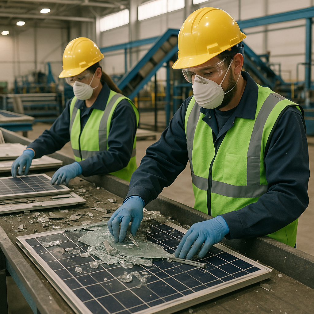 Technicians in protective gear dismantling solar panels and sorting parts in a recycling facility.