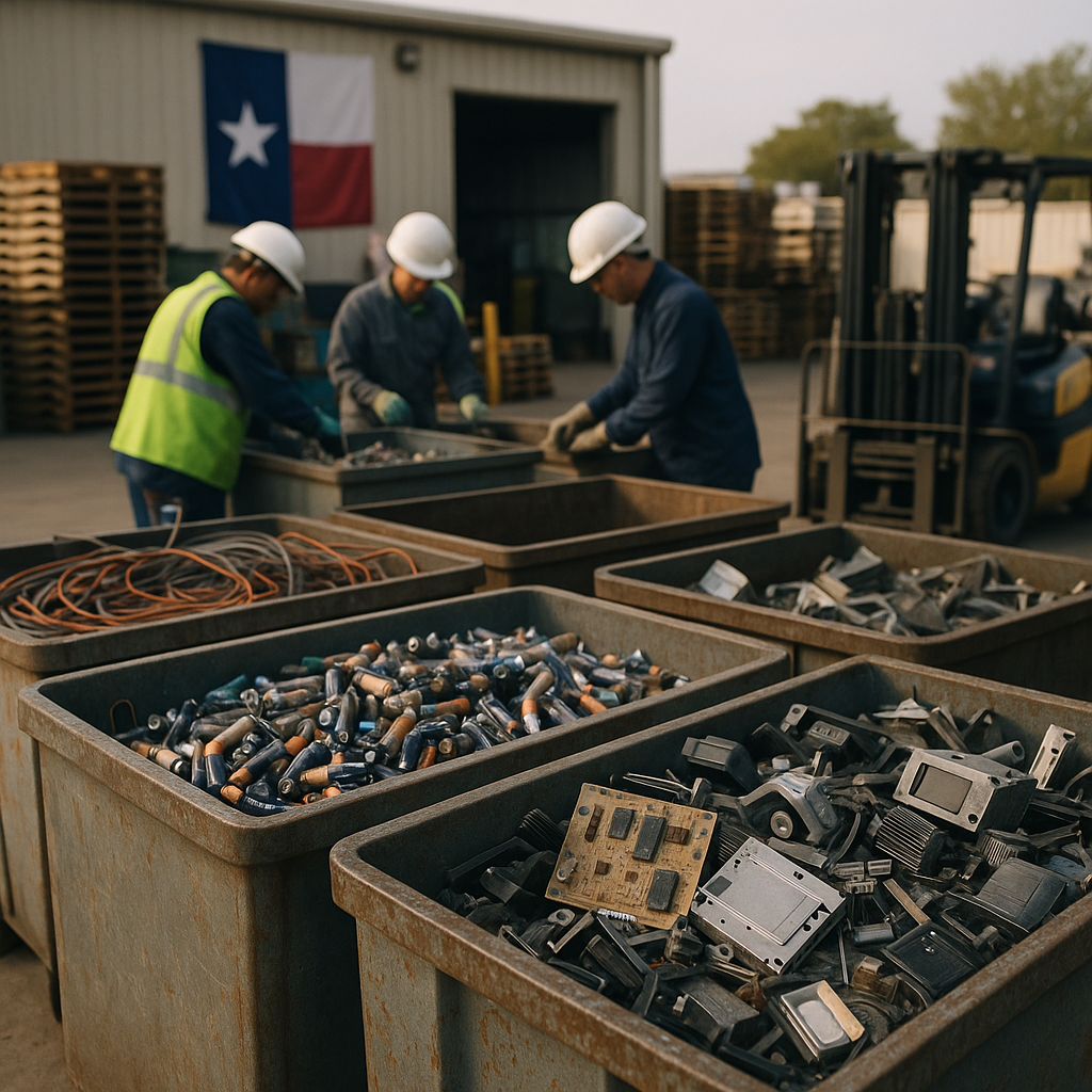 Scrap Materials at Texas Recycling Facility Variety of scrap materials including wires, batteries, and old electronics in bins at a Texas recycling facility with workers sorting in the background.