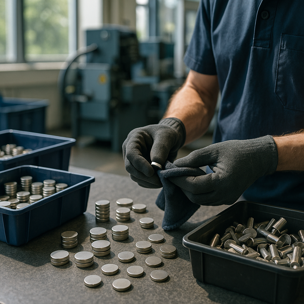 Close-up of used neodymium magnets being sorted and cleaned by a technician wearing gloves in a modern recycling facility.