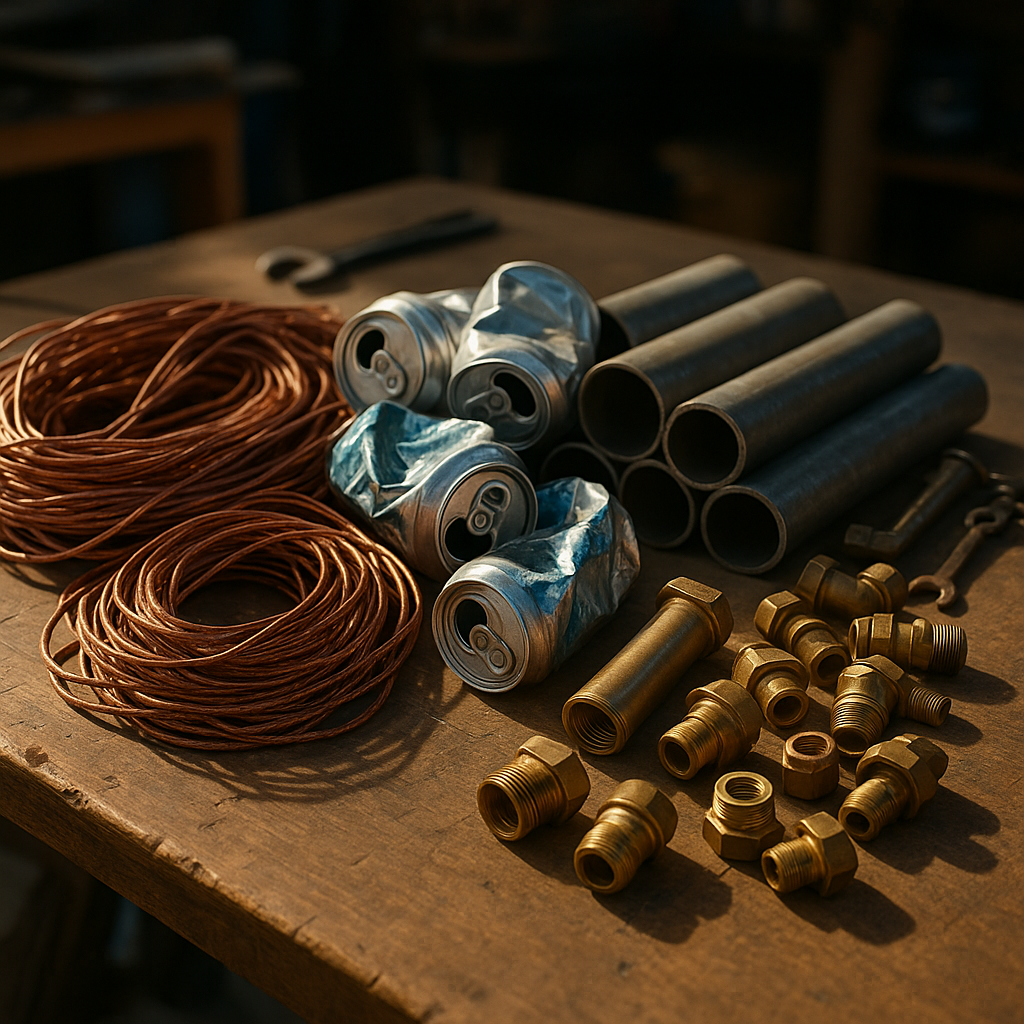 A variety of scrap metals including copper wires, aluminum cans, steel pipes, and brass fittings laid out on a table in natural daylight.