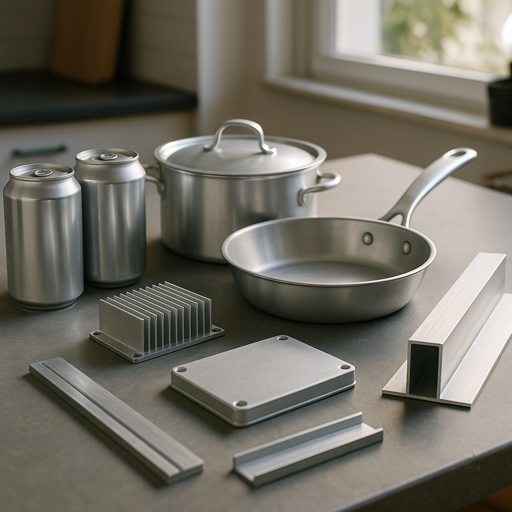 Various aluminum products including soda cans, cookware, electronic components, and construction materials arranged on a modern table.