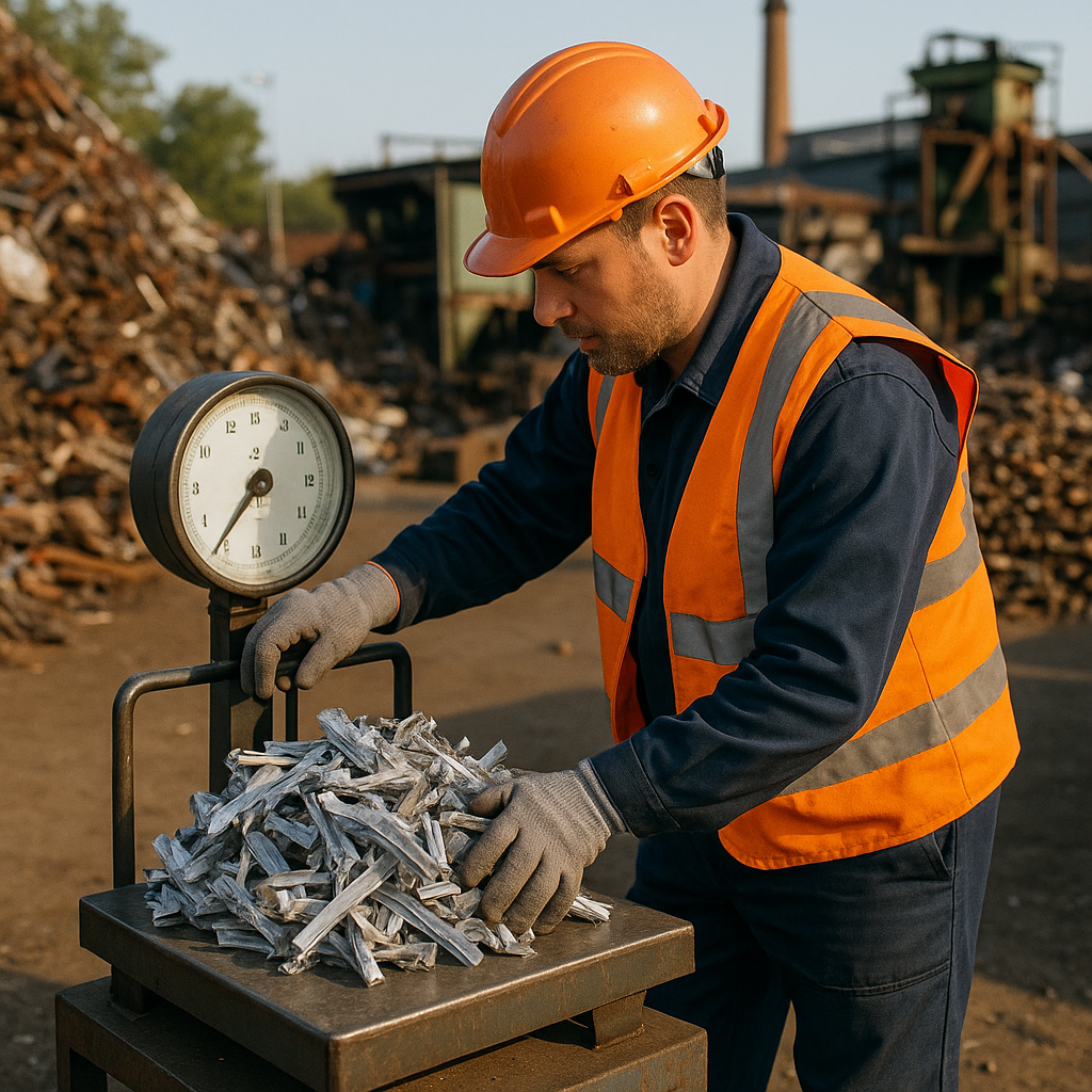 Worker in safety gear weighing aluminum scrap on a scale in a scrapyard with piles of sorted metals and factory equipment in the background