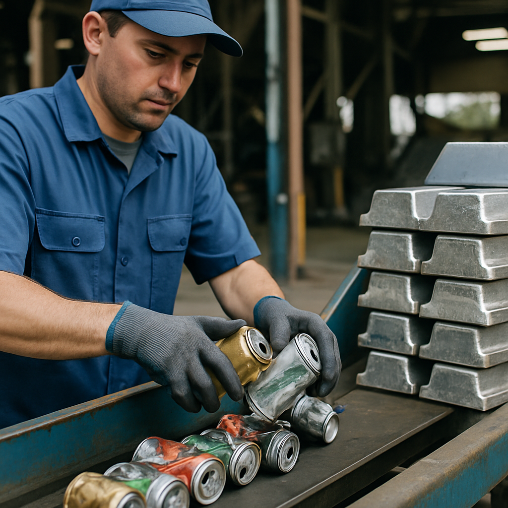A worker places used aluminum cans onto a recycling facility conveyor while shiny recycled aluminum ingots are stacked nearby.