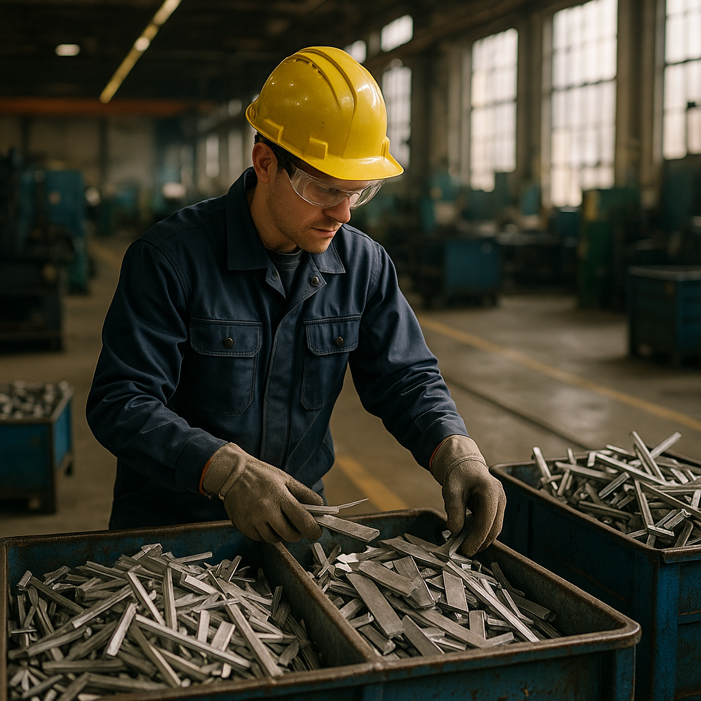Worker in Safety Gear Organizing Metal Scraps Worker in safety gear sorting and organizing clean metal scraps by type on a large factory floor with sunlight streaming through windows