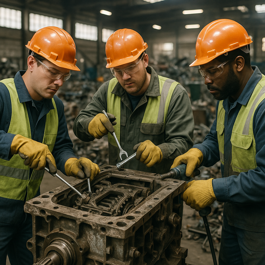 Workers in safety gear dismantling heavy machinery in a recycling plant.