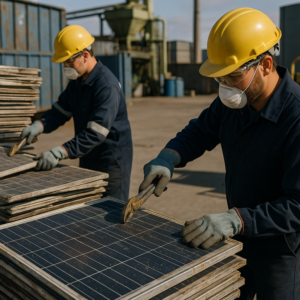 Workers in protective gear manually disassembling old solar panels in a recycling facility, with stacks of worn panels in the background.