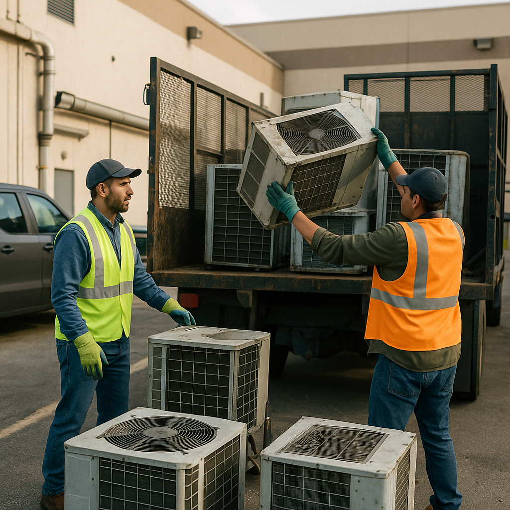 Workers in safety vests loading old commercial air conditioning units onto a recycling truck behind a business building on a clear day.