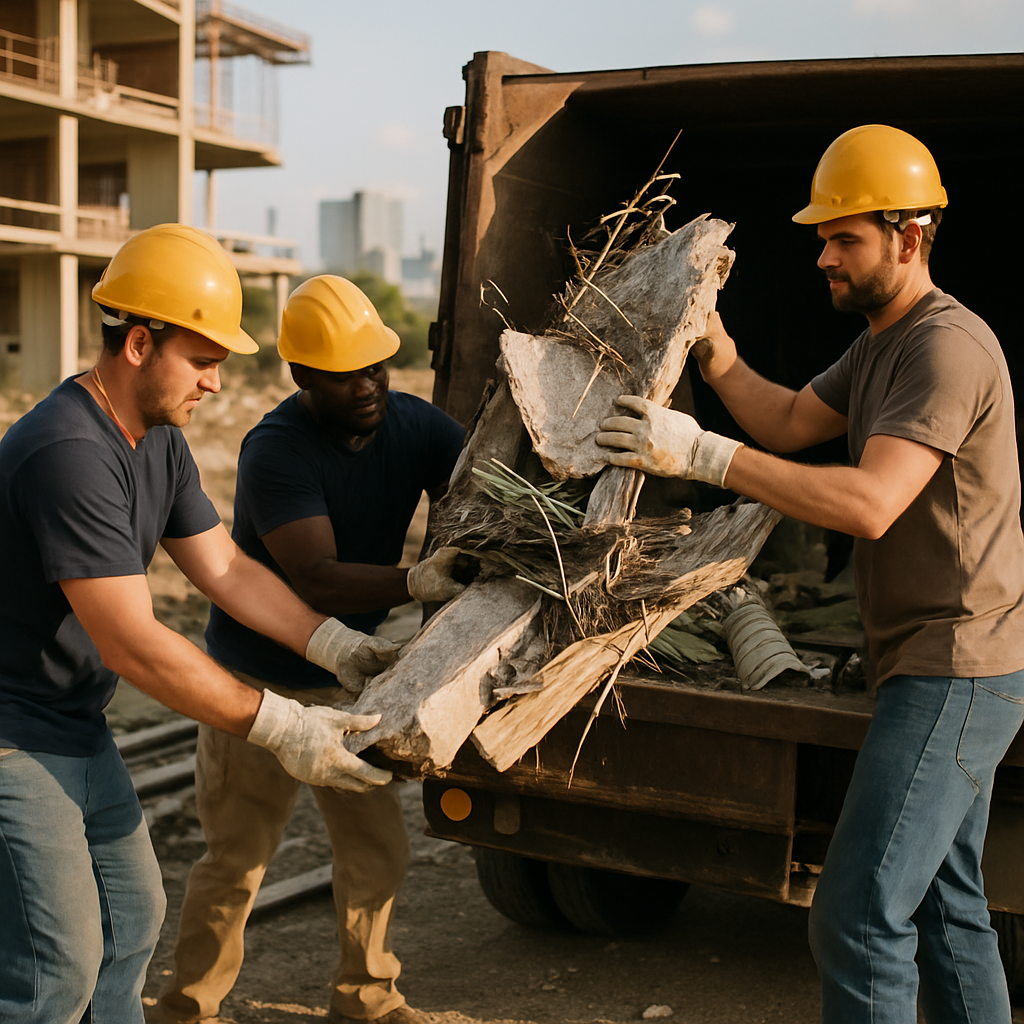 Loading Construction Debris at Urban Site Workers loading construction debris and metal scrap into a large junk removal truck at a building site during clear daylight.