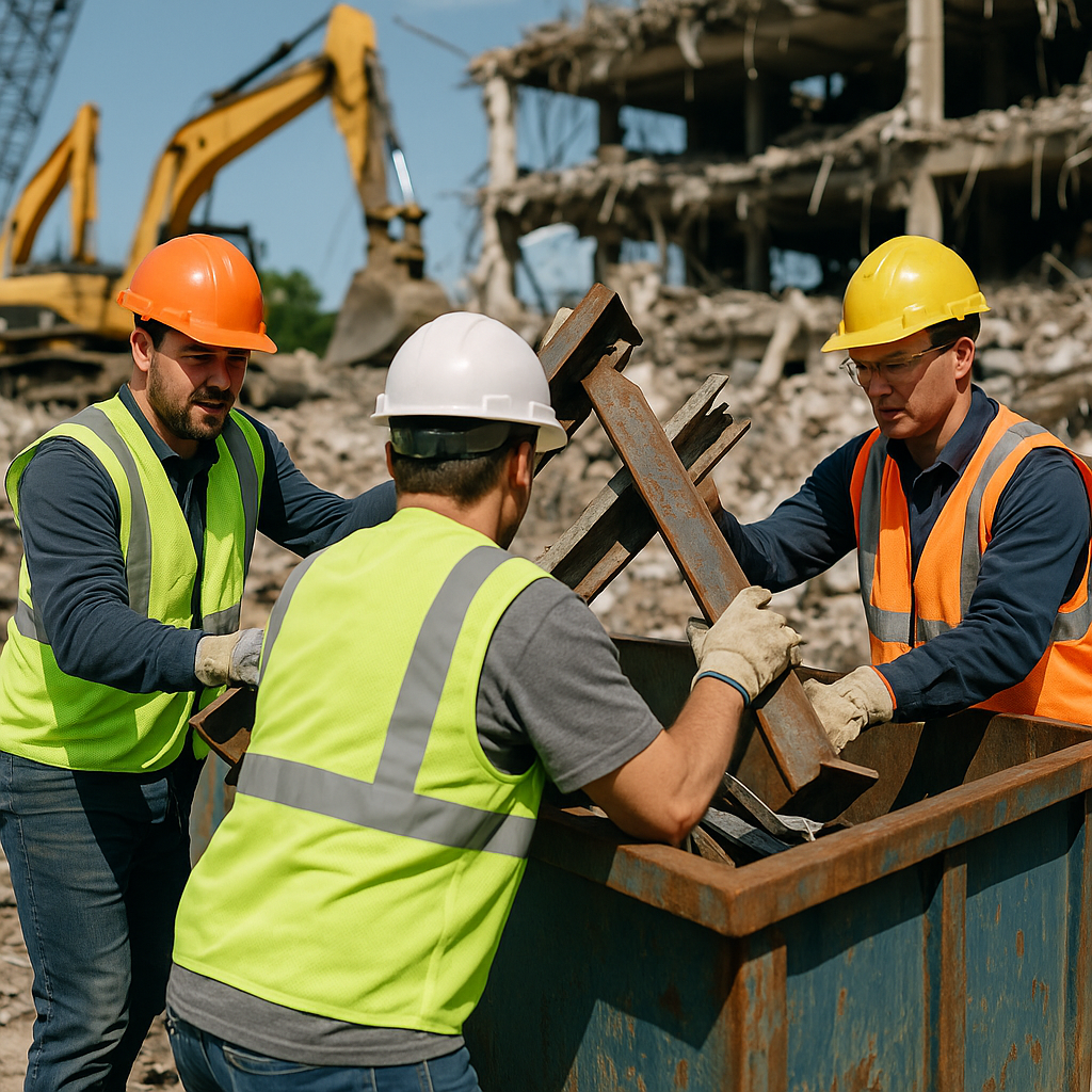 Loading Scrap Metal at Demolition Site Workers in safety gear loading scrap metal into large roll-off container at a busy demolition site during the day.