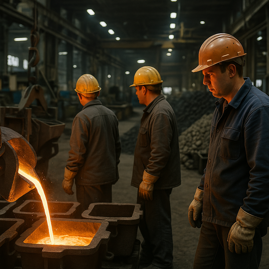 Workers in a steel factory monitoring molten steel being poured into molds, surrounded by machinery and raw materials.