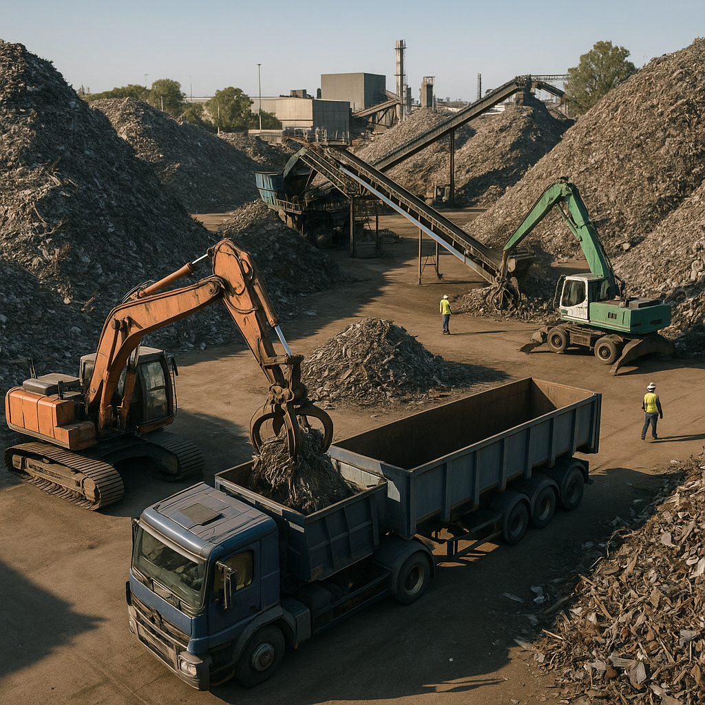 Aerial view of a large scrap metal yard with piles of shredded steel, conveyor belts, and heavy machinery sorting and loading ferrous scrap onto trucks.