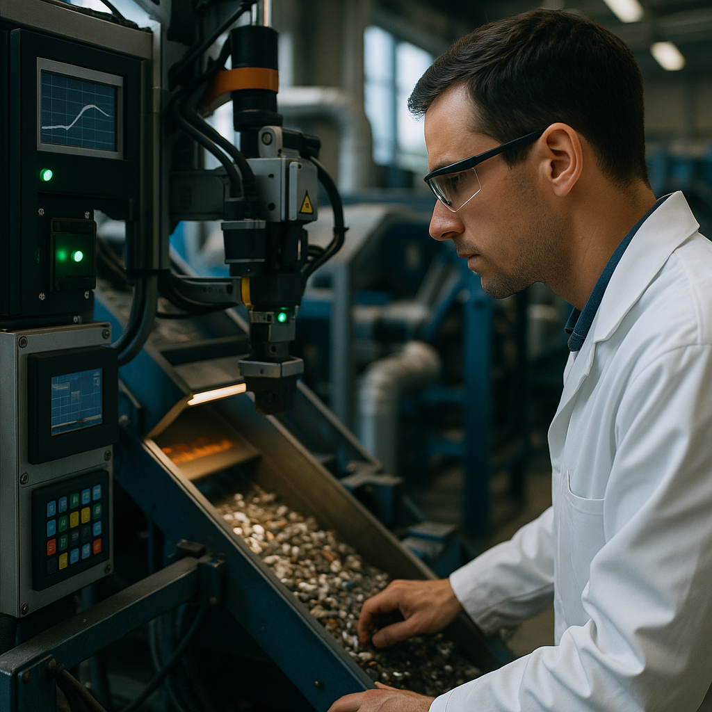 Technician Overseeing Automated Metal Sorting Machine Technician overseeing an automated metal sorting machine using sensors and robotics in a high-tech recycling plant.
