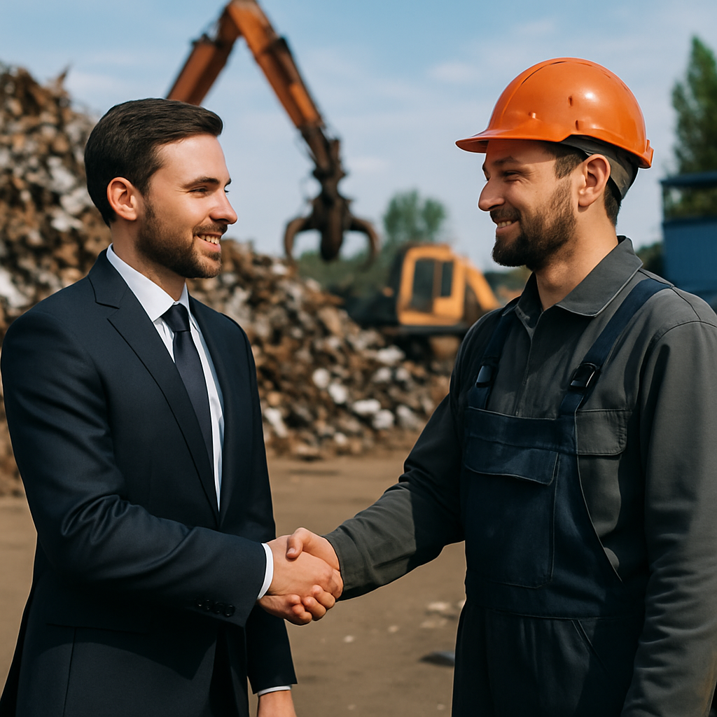 Business Collaboration in Metal Processing Business client shaking hands with metal processing manager in a busy scrap yard facility with machinery in the background.