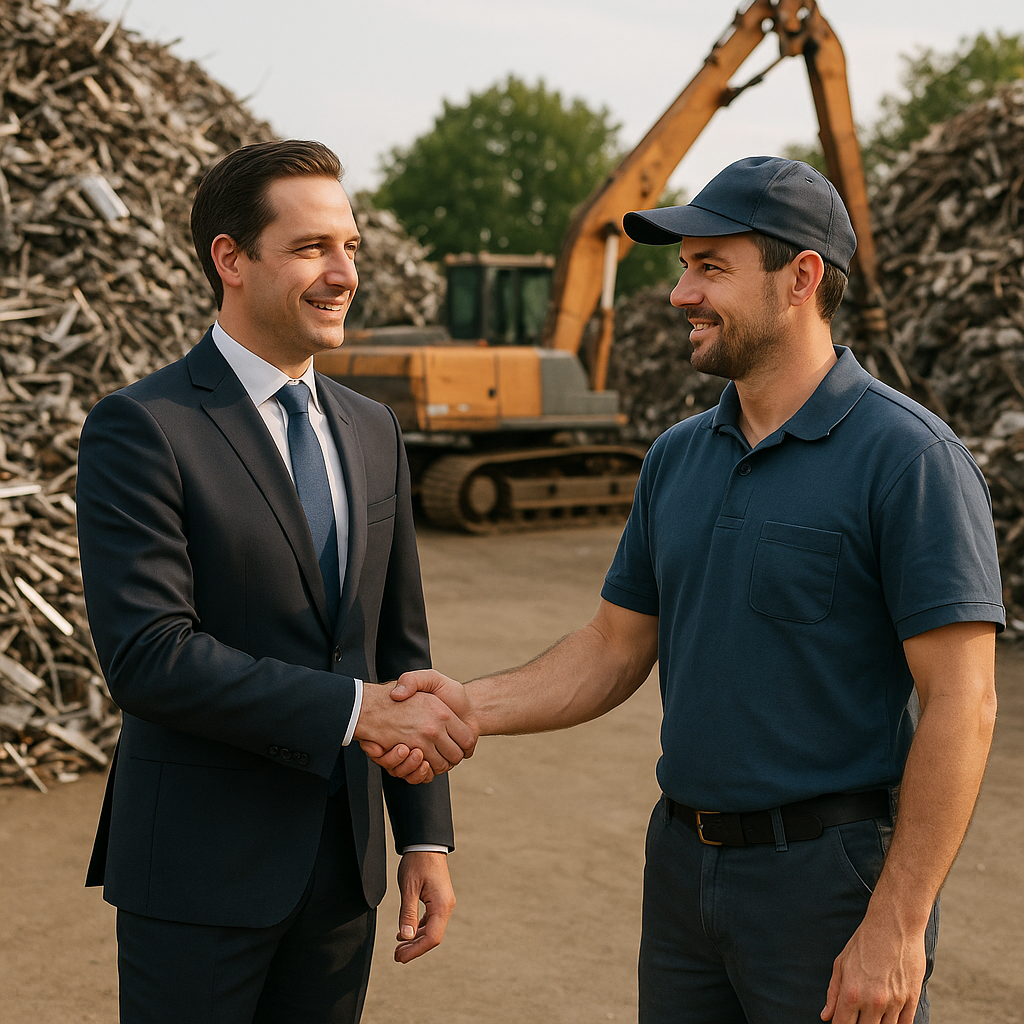 Business owner shaking hands with a recycling facility manager in front of organized scrap metal piles, both displaying confident and satisfied expressions.