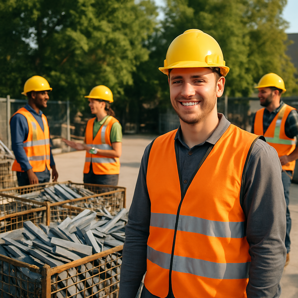 Efficient Construction Site with Smiling Workers Clean construction site with organized metal scraps neatly stored and smiling workers, surrounded by green trees, reflecting a sense of efficiency.
