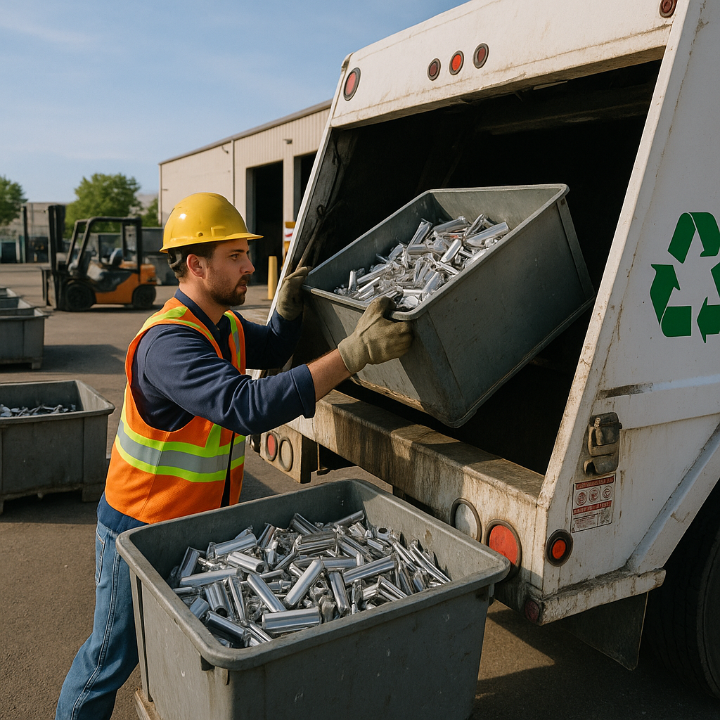 Worker loading full bins of clean, sorted metal into a recycling truck at a recycling facility