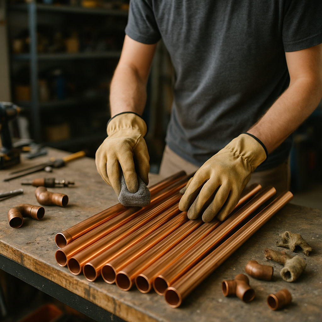Cleaning and Organizing Copper Pipes Person wearing gloves cleaning and organizing shiny copper pipes on a workbench in a well-lit garage.