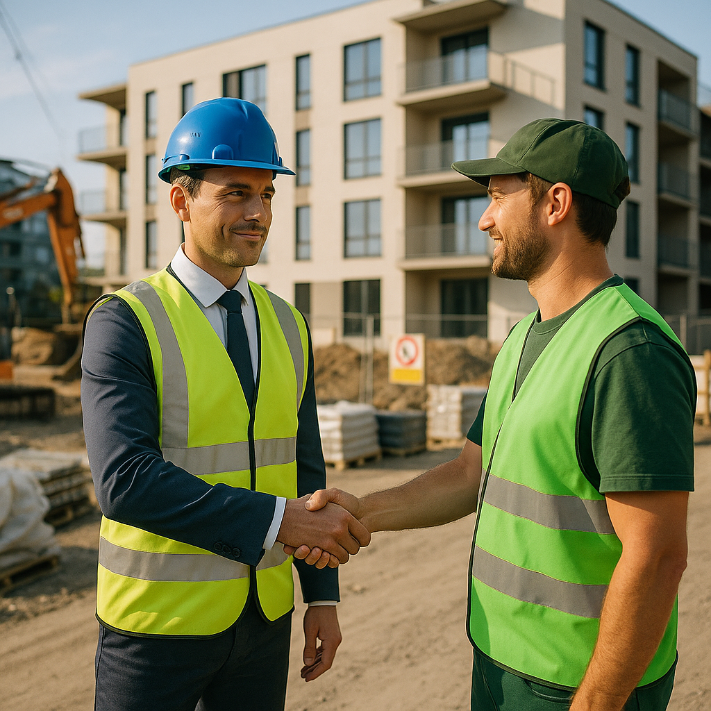 Confident project manager shaking hands with waste removal provider on a construction site, completed project in the background.