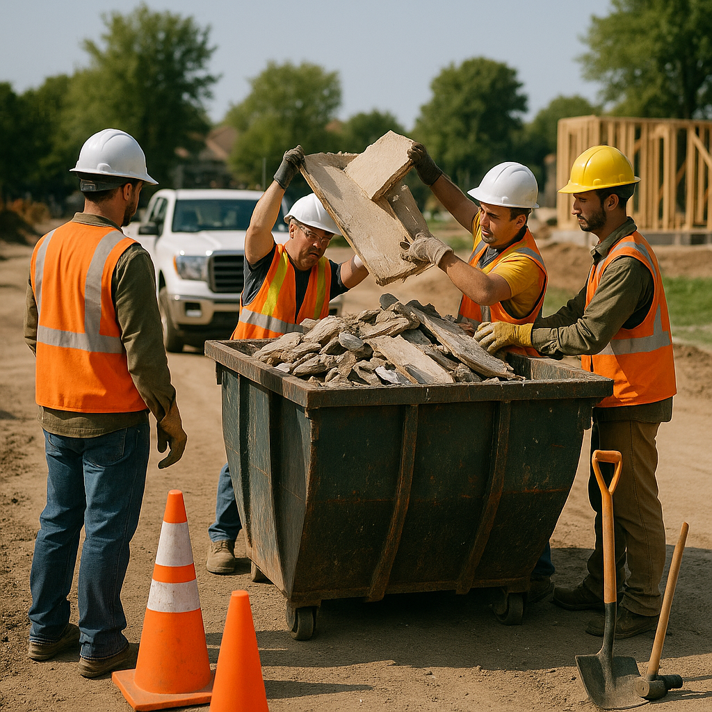 Active construction site with workers loading debris into a large dumpster, scheduled pickup truck arriving on time, clear sky and organized workspace.