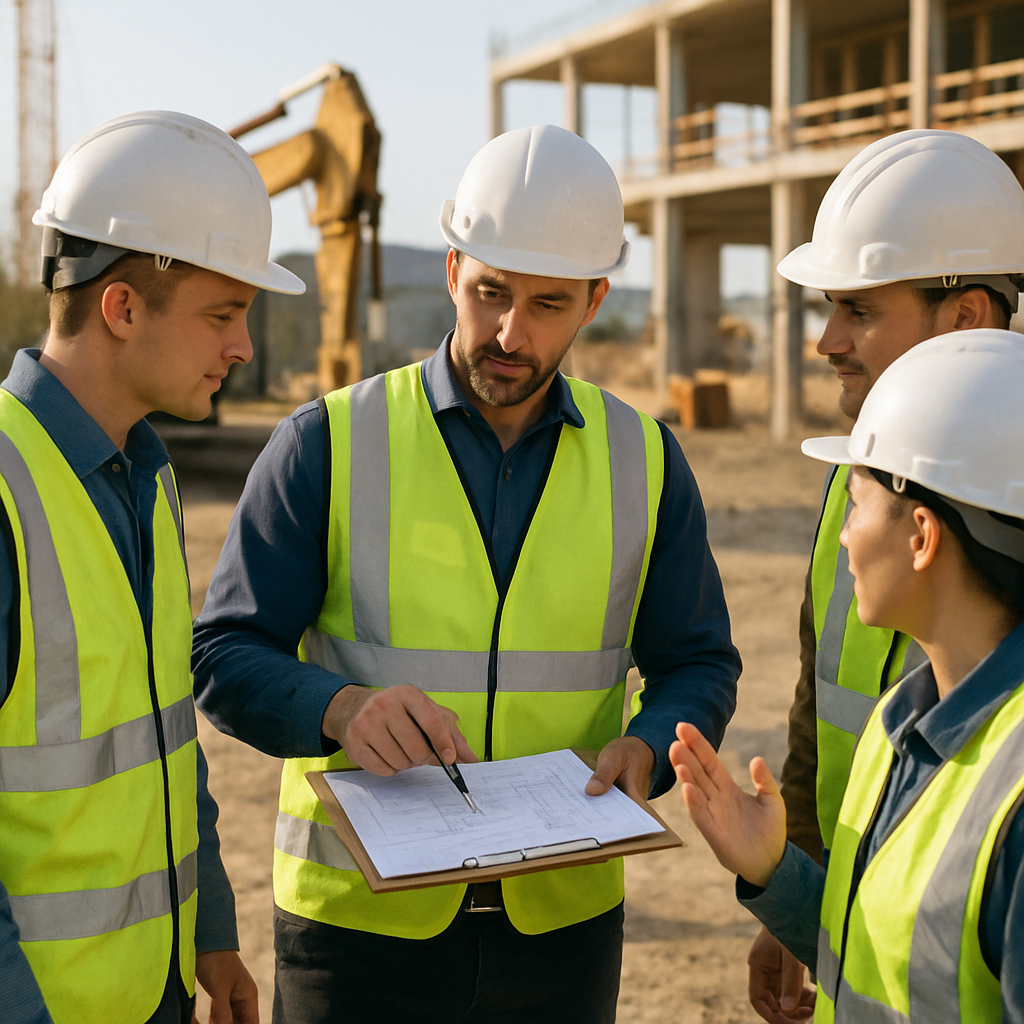 Construction Team Discussing Workflow Construction team gathered around a supervisor with a site map and clipboard, discussing workflow on a job site with focused expressions.