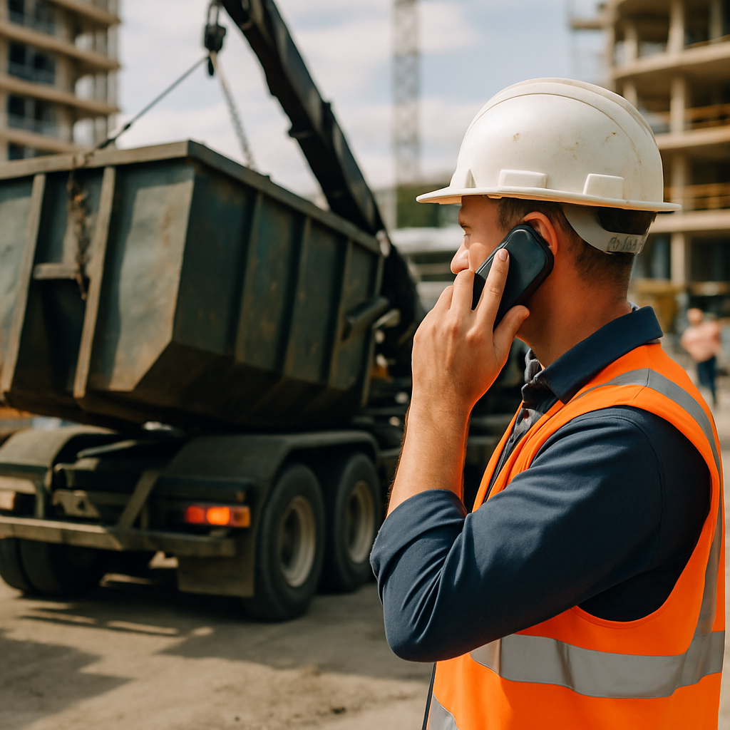 Construction worker using smartphone to request a roll-off container pickup, with a large waste container being loaded onto a truck in a busy site.