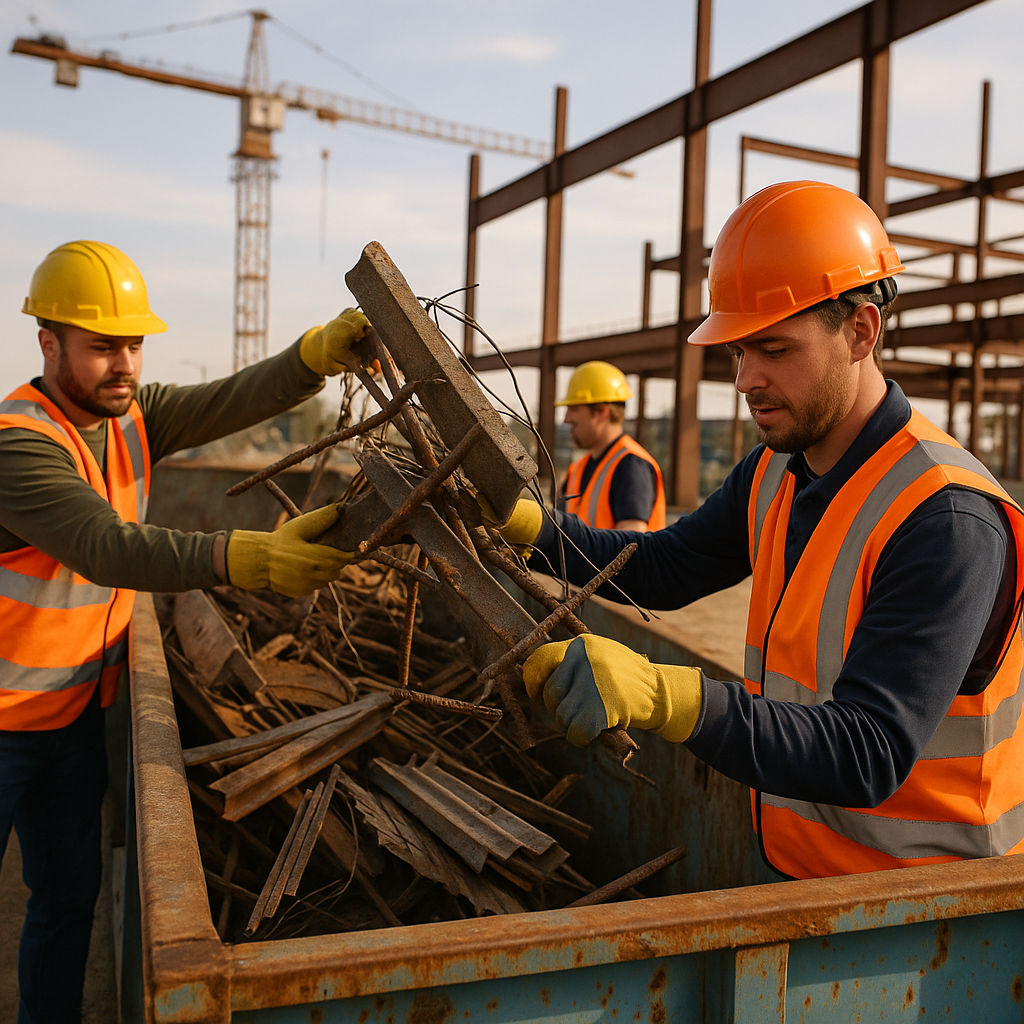 Construction workers loading scrap metal into a large roll-off dumpster at an active job site, with cranes and steel beams in the background.