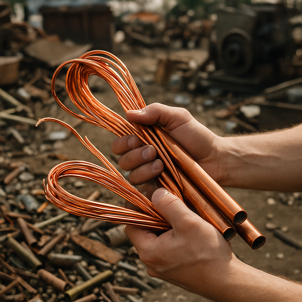 Hands holding shiny copper wires and pipes over a spread of various scrap metals in a salvage yard.