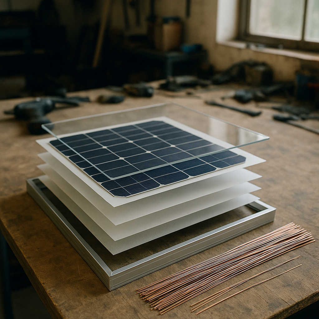 Disassembled solar panel on a workbench with glass, silicon wafers, aluminum frame, and copper wires displayed for sorting