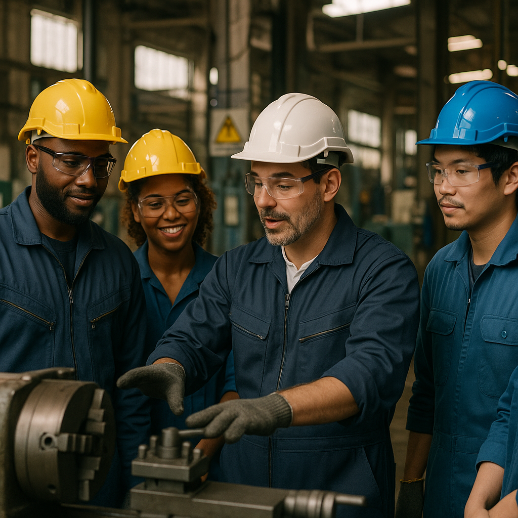 Diverse Factory Workers Training Session Diverse group of factory workers attending a hands-on training session with a supervisor demonstrating equipment in a supportive environment.