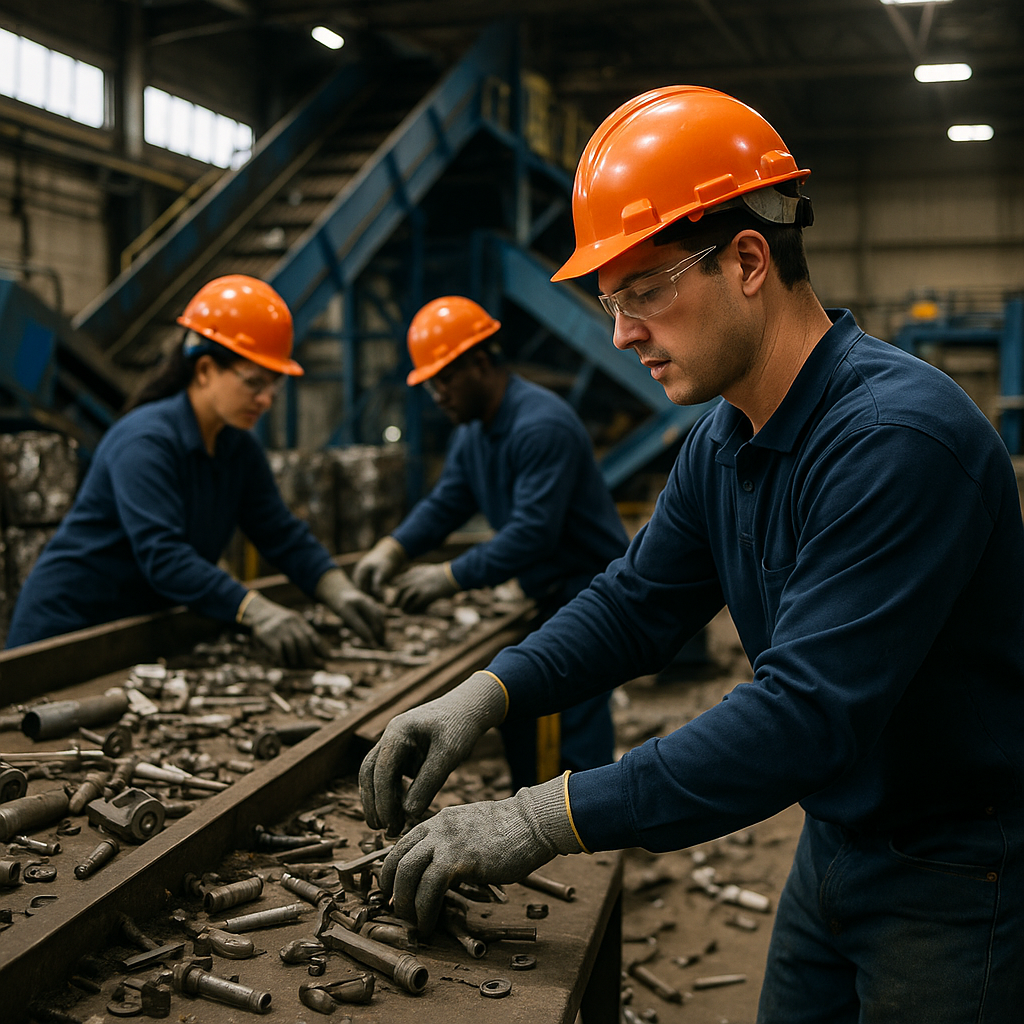 Metal Recycling Facility Operations Employees sorting and processing metal in a spacious recycling facility with conveyor belts and baled scrap, wearing safety gear.