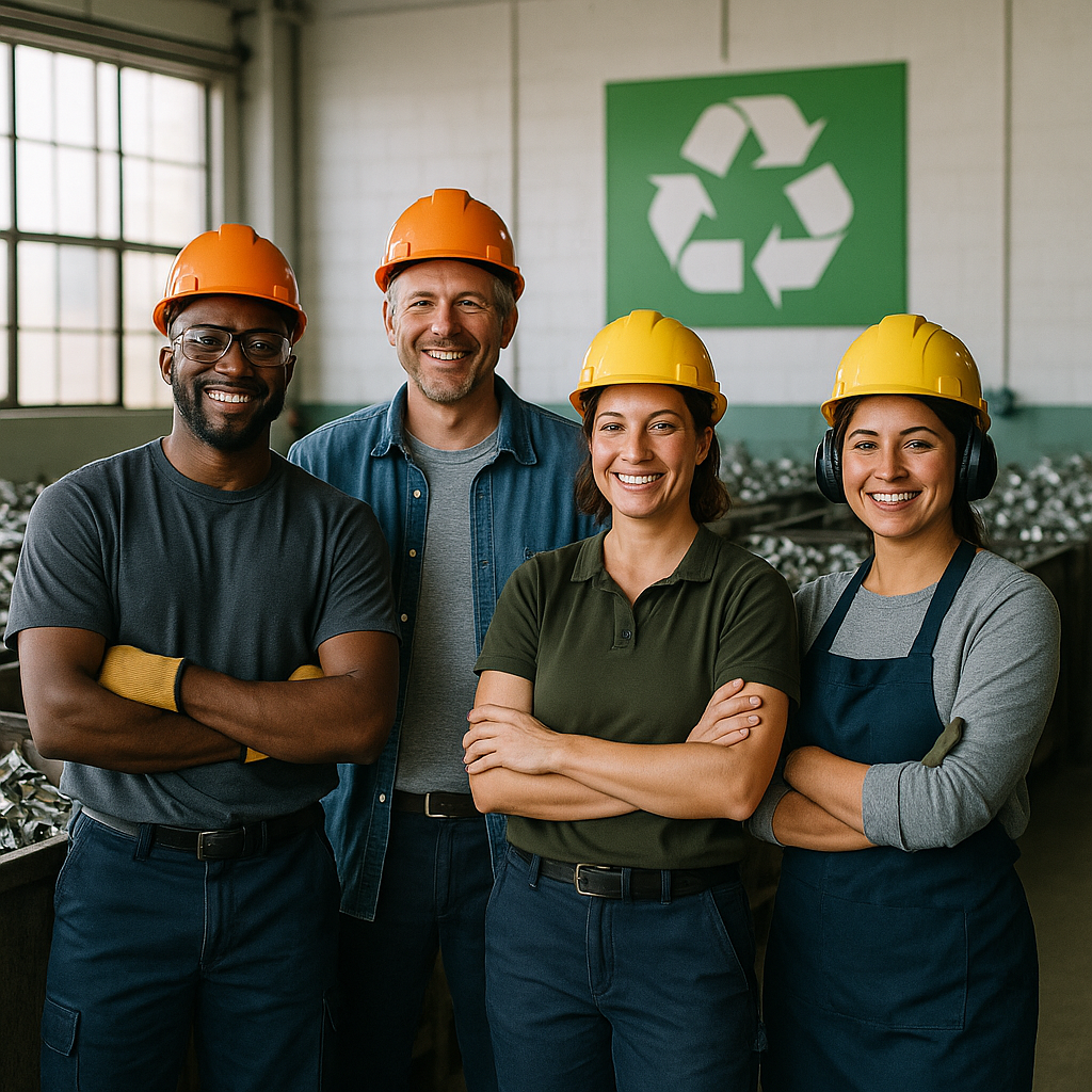 A factory team smiling together by large organized bins of recycled scrap, with green signage in a clean facility, displaying a sense of accomplishment.