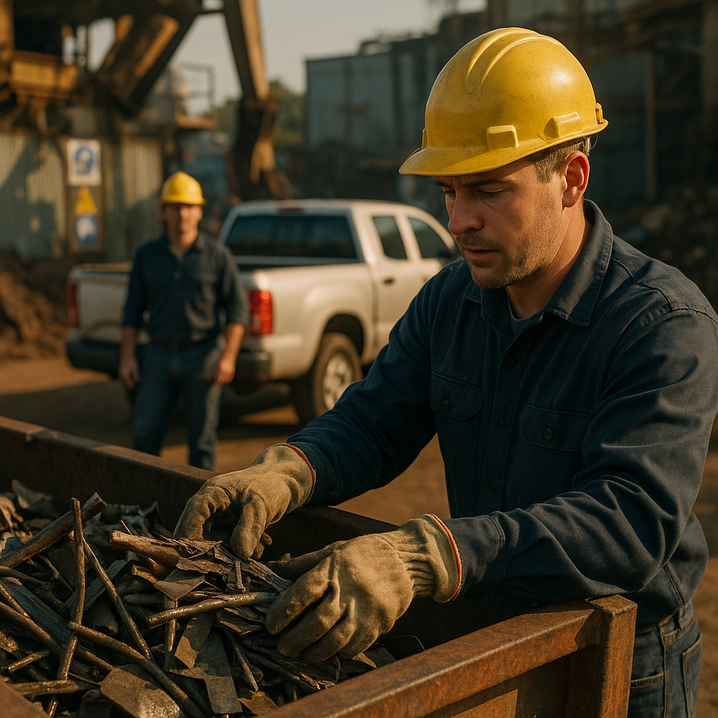 Factory worker placing scrap metal into a large container while a driver waits by a pickup truck.