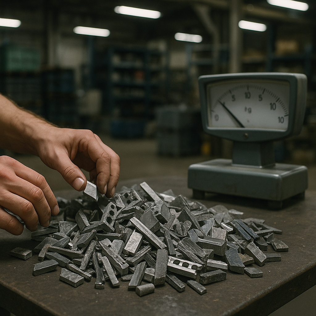 Hands sorting through mixed aluminum and steel scrap metal pieces on an industrial table.